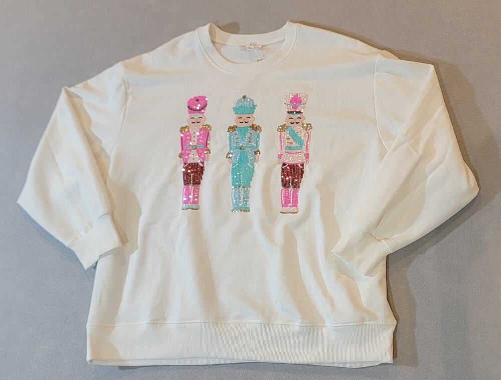 Mary Square Nutcracker Sequin Christmas Sweatshirt NWT White Holiday - Large